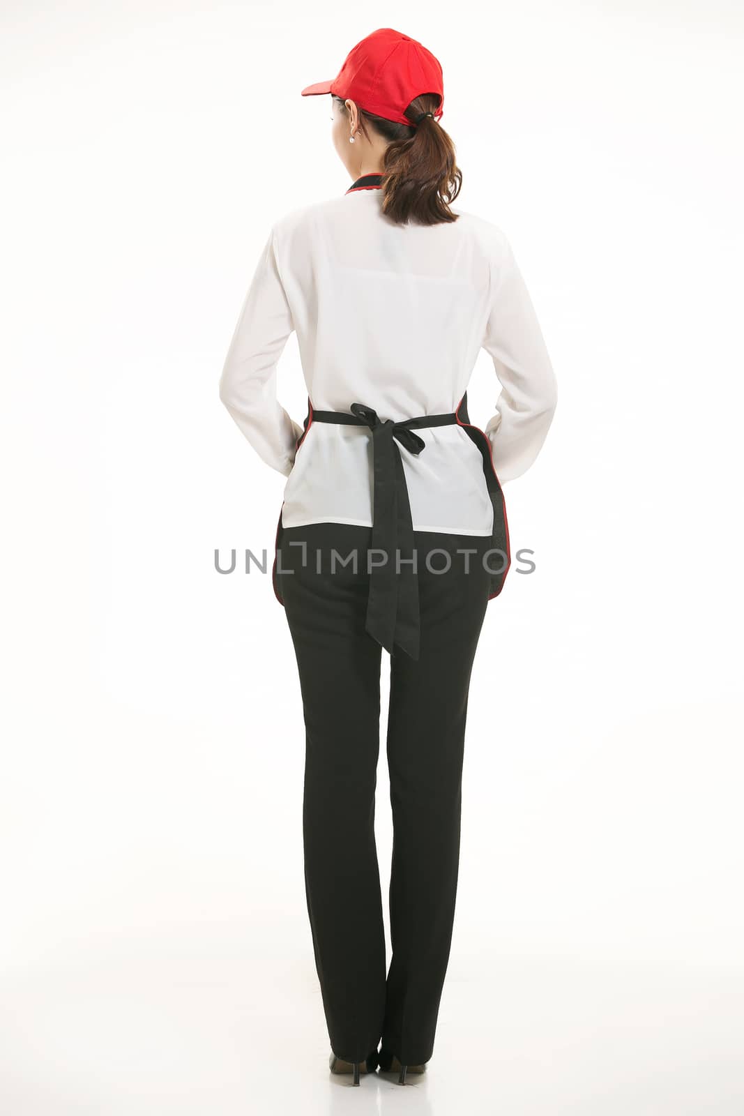 Wear all sorts of apron waiter standing in white background