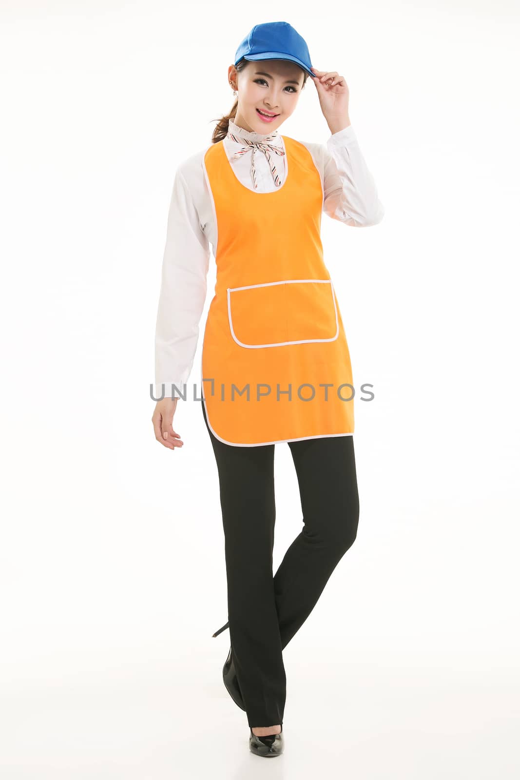 Wear all sorts of apron waiter standing in white background