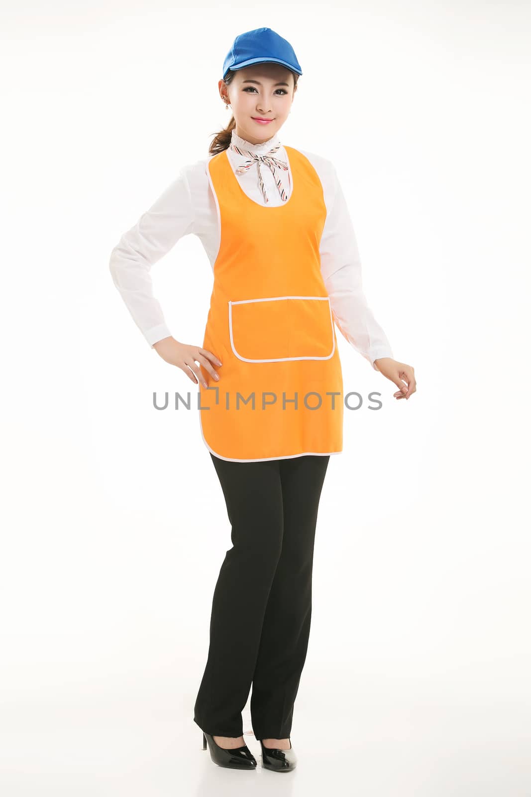 Wear all sorts of apron waiter standing in white background