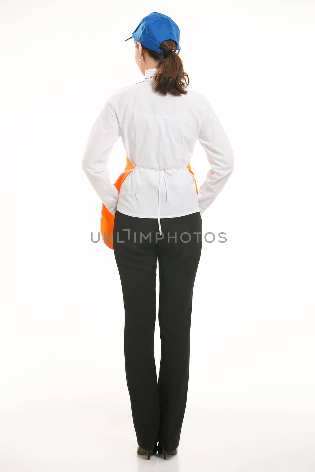 Wear all sorts of apron waiter standing in white background