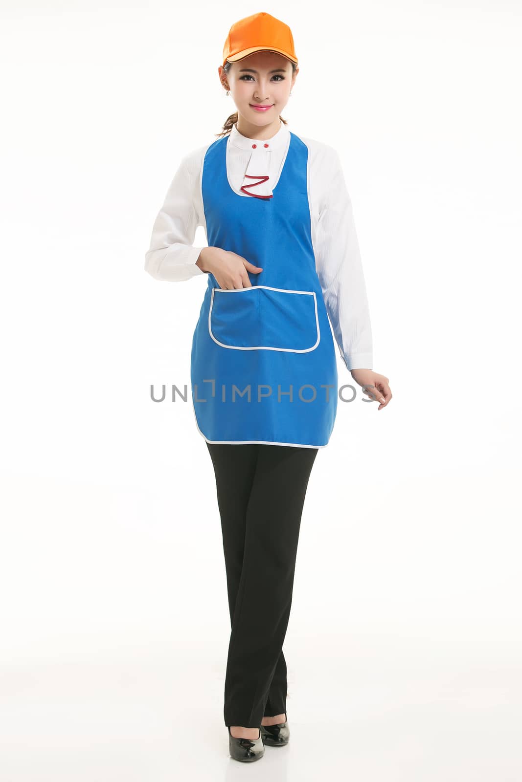 Wear all sorts of apron waiter standing in white background