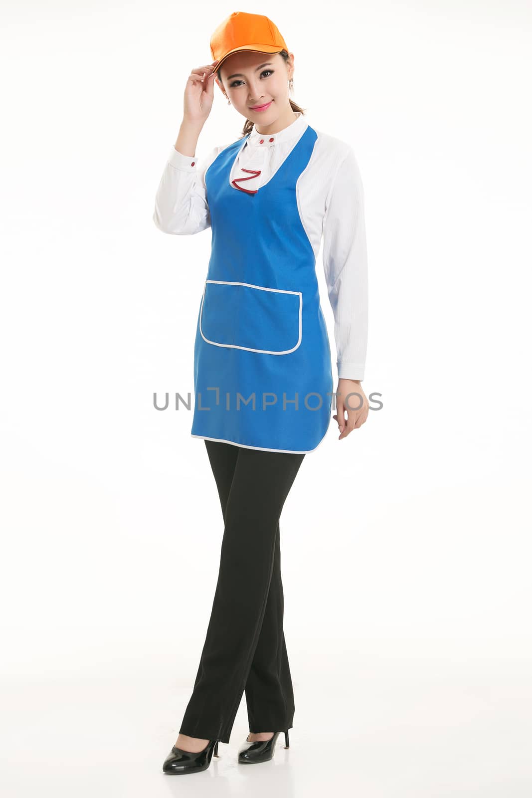 Wear all sorts of apron waiter standing in white background