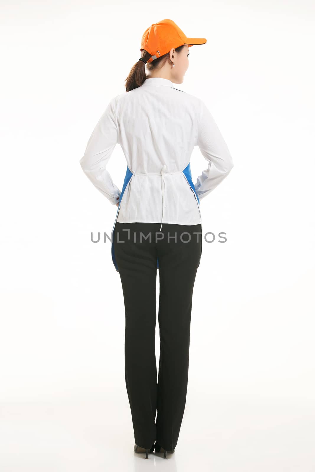 Wear all sorts of apron waiter standing in white background