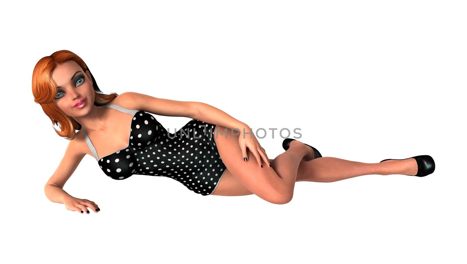 3D digital render of a beautiful pinup girl wearing a swimming suit isolated on white background