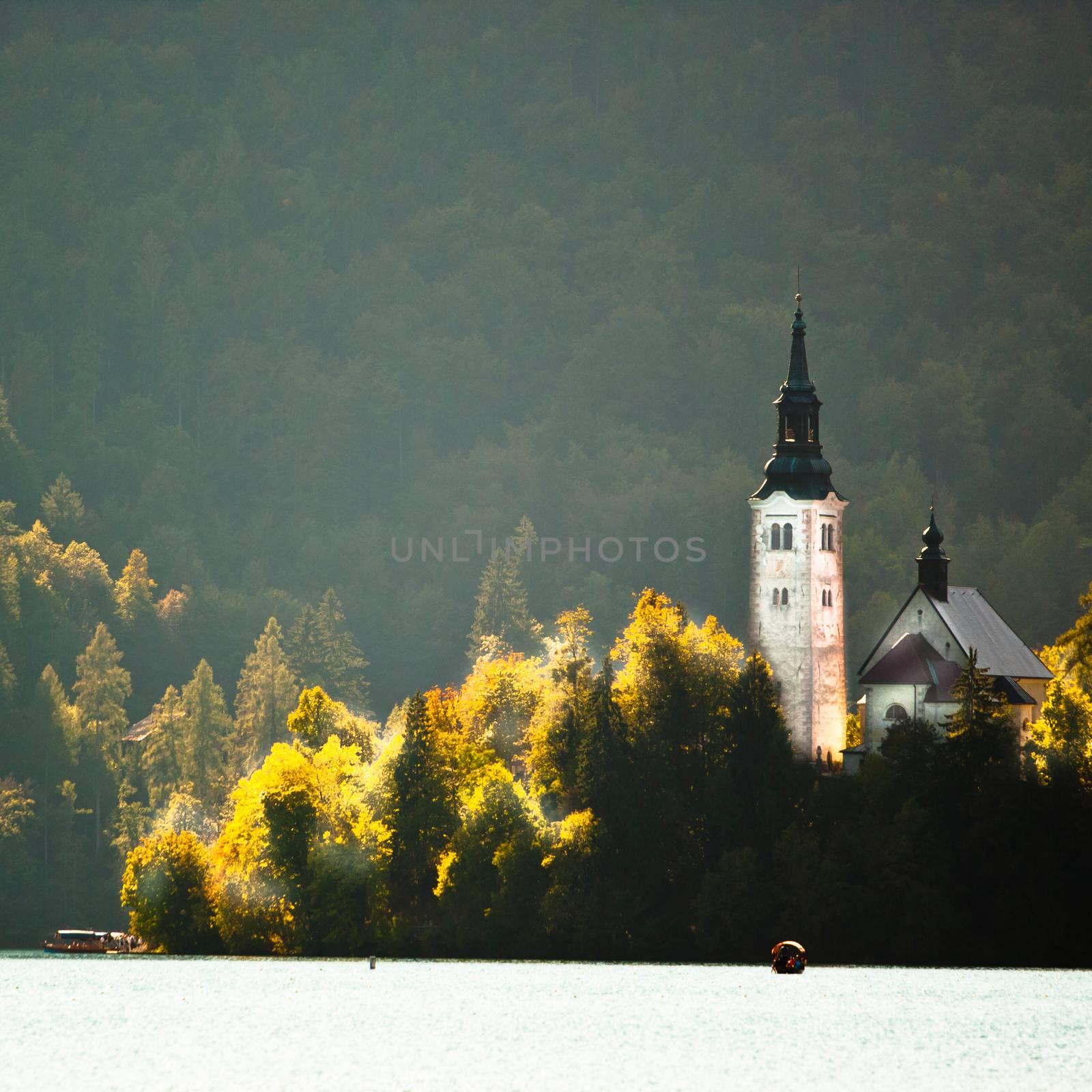 Panorama of Lake Bled's island in autumn.