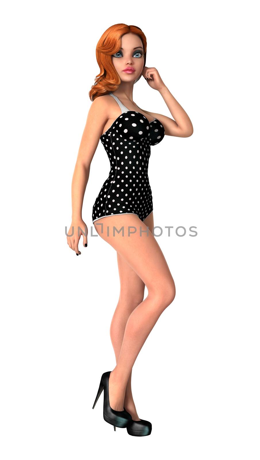 3D digital render of a beautiful pinup girl wearing a swimming suit isolated on white background