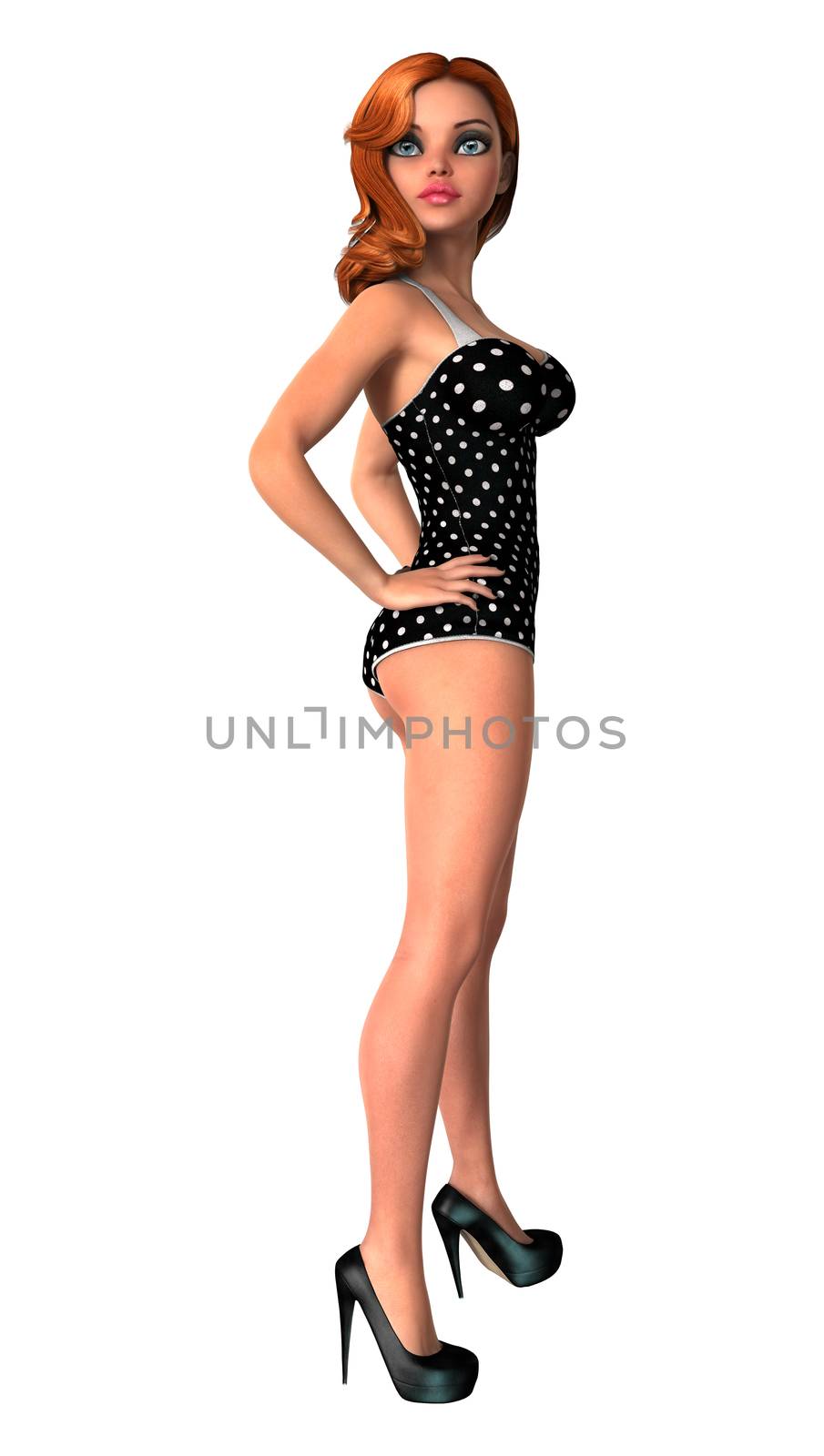 3D digital render of a beautiful pinup girl wearing a swimming suit isolated on white background