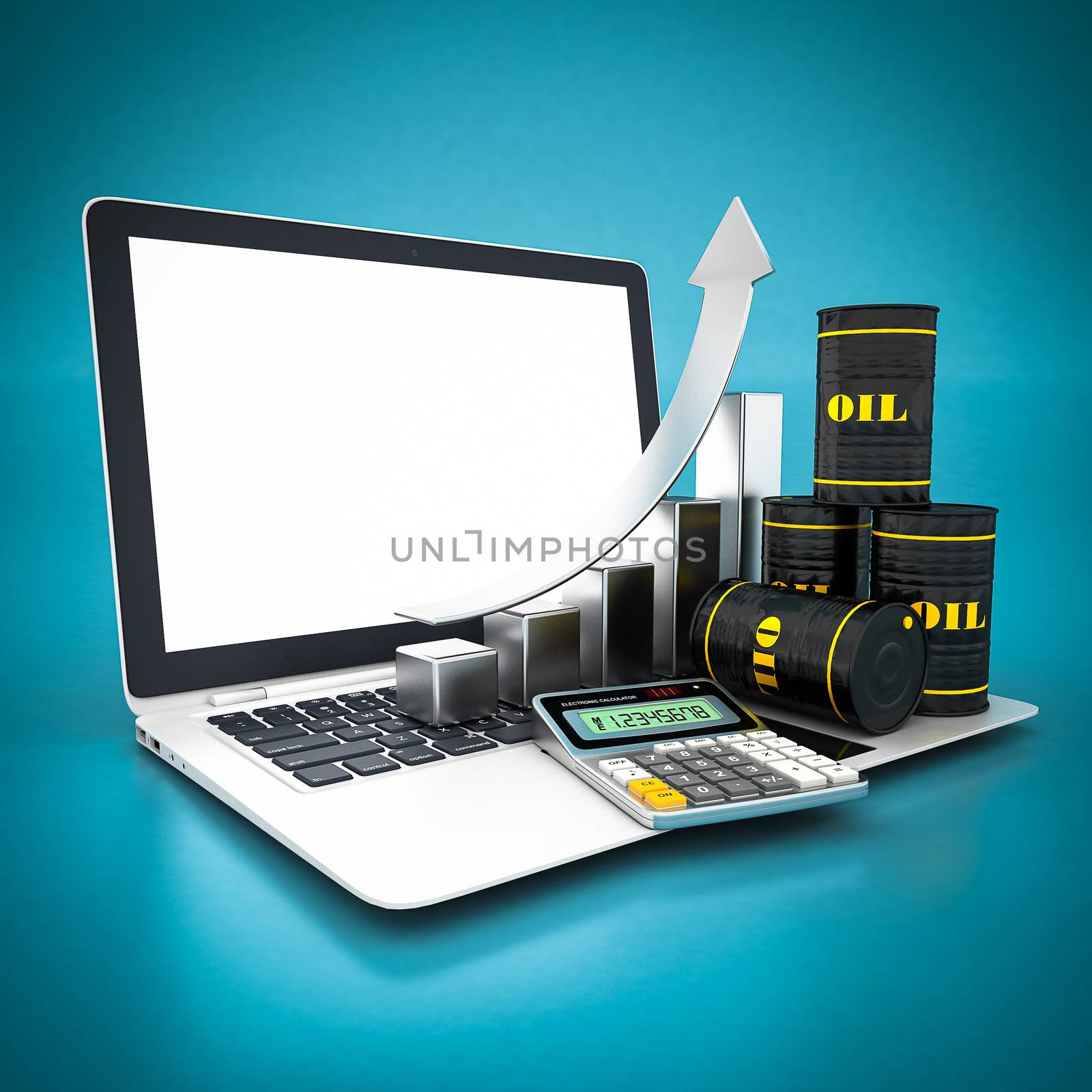 Barrels of oil and white laptop on a blue background