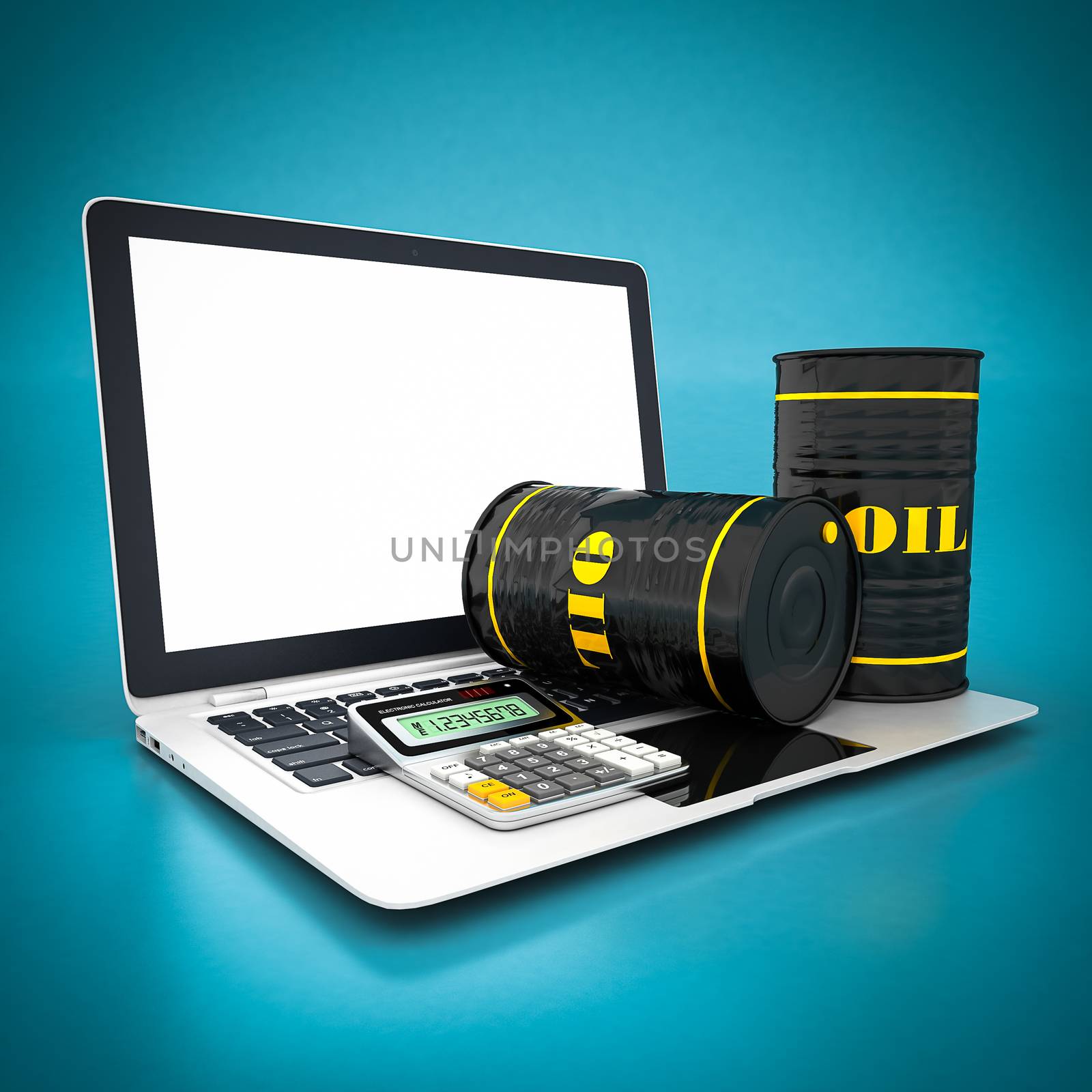 Barrels of oil and white laptop on a blue background