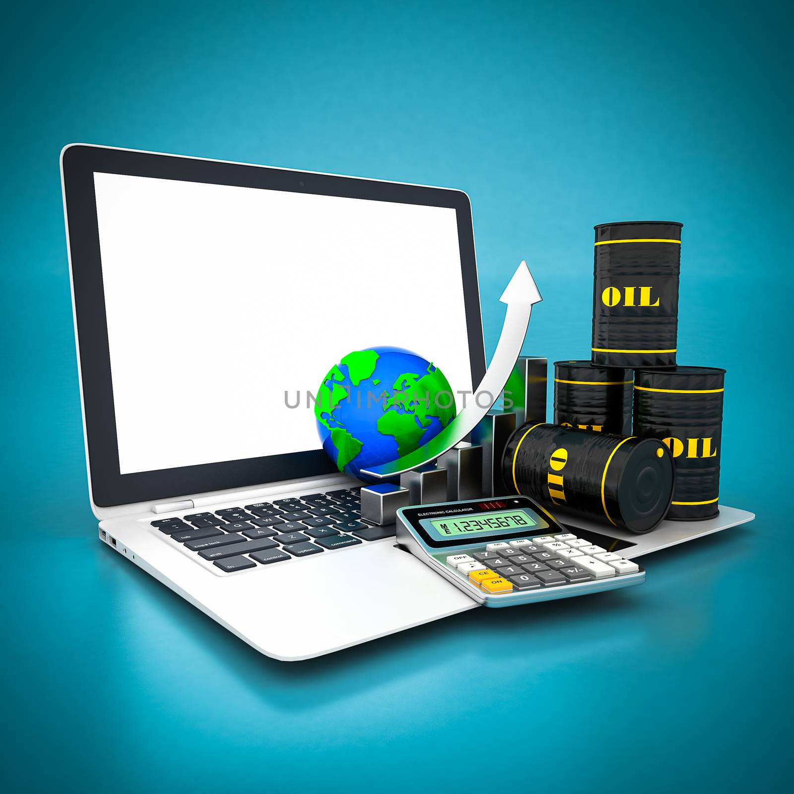 Barrels of oil and white laptop on a blue background