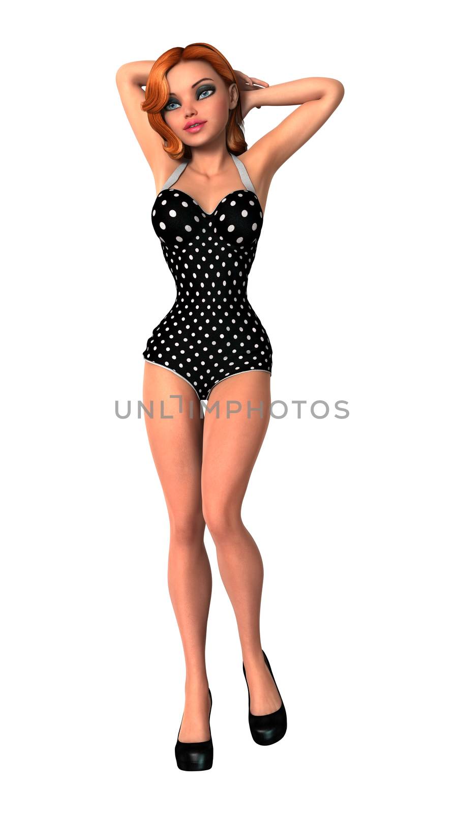3D digital render of a beautiful pinup girl wearing a swimming suit isolated on white background