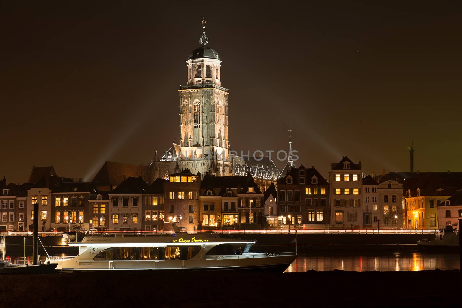Illuminated skyline of the city of Deventer in the center of the Netherlands because of a special Char-les Dickens weekend