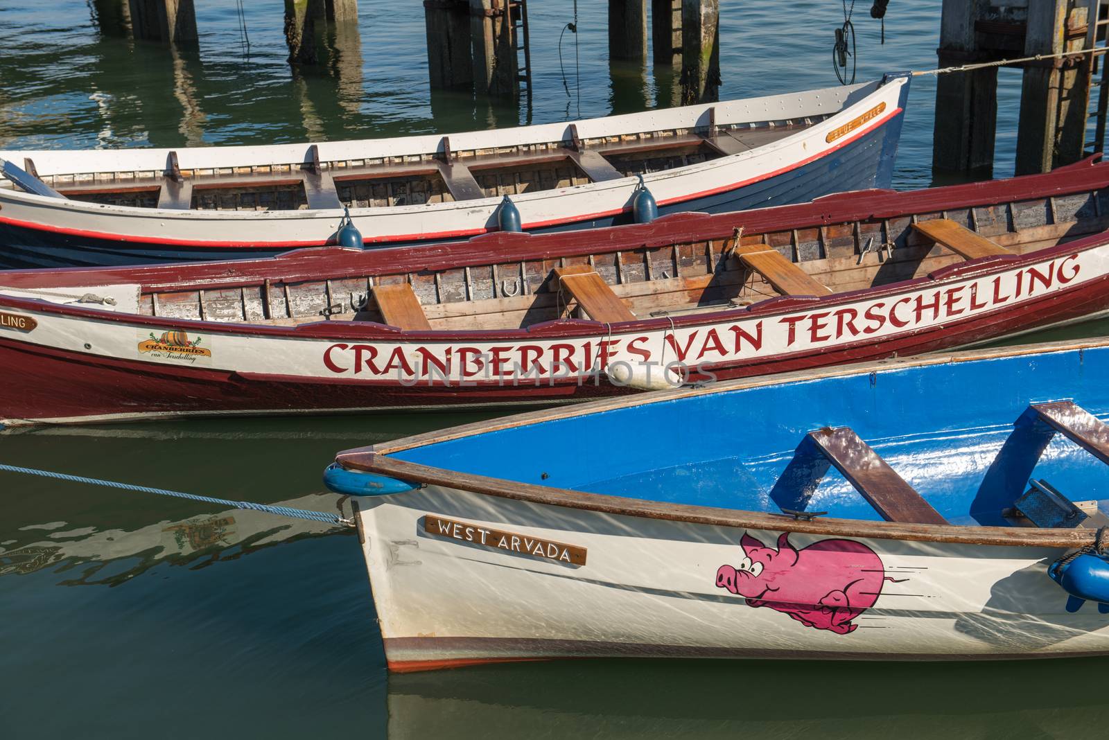 Colored rowing boats in the harbor of West Terschelling on the island of Terschelling in the Nether-lands