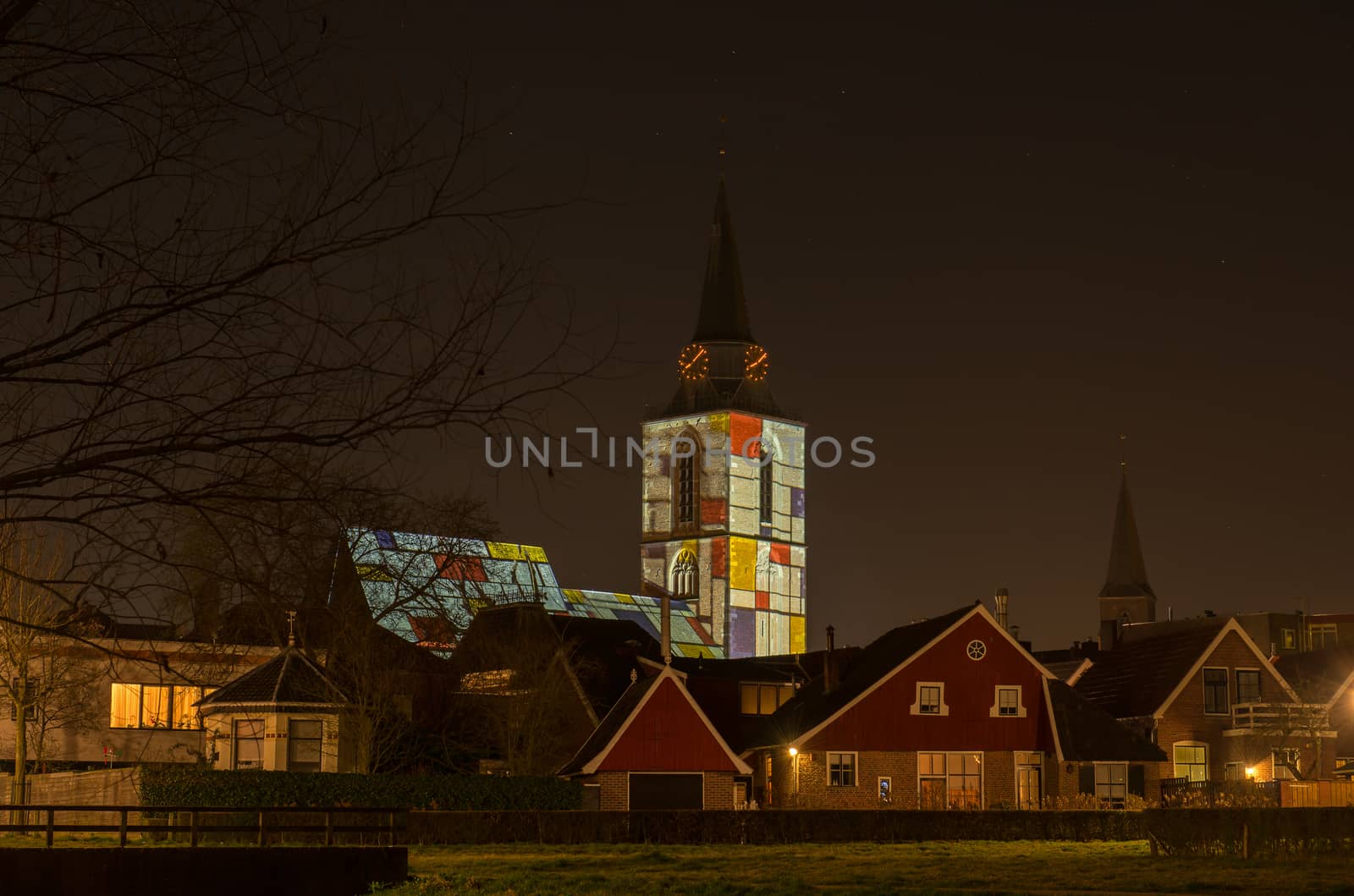 Jacobs church in Winterswijk in the Netherlands in special famous artist "Piet Mondriaan" lighting in the early spring of 2014 because of his 142th birthday
The world famous painter Piet Mondriaan was a resident of Winterswijk in his early years as an artist.
Winterswijk, Gelderland, Netherlands