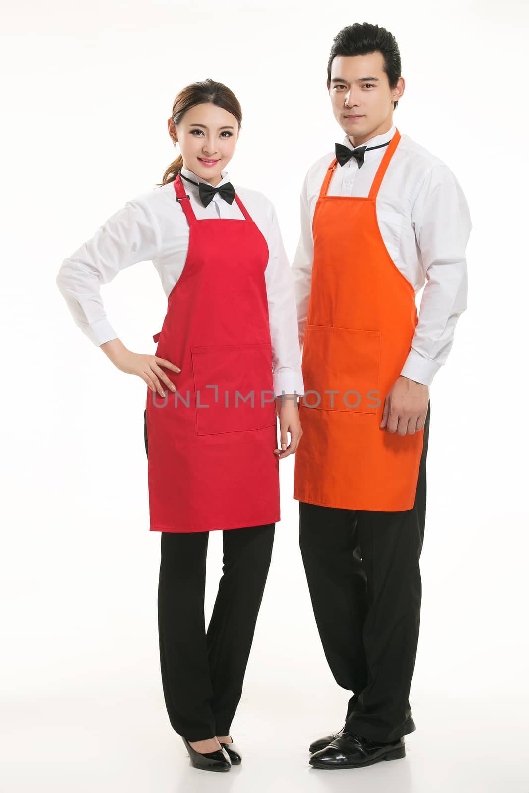 Wear all sorts of apron waiter standing in white background