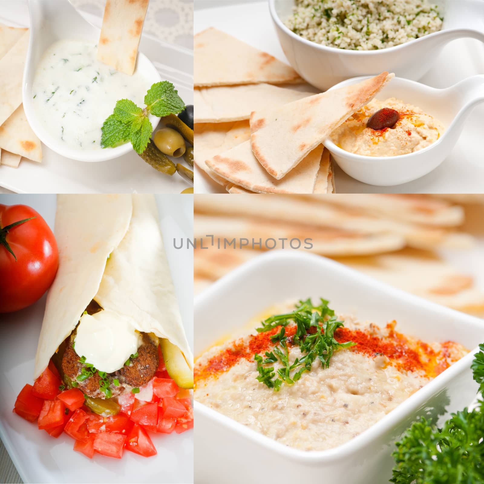 most popular Arab middle east food collection,hummus, falafel,mutabal,pita bread