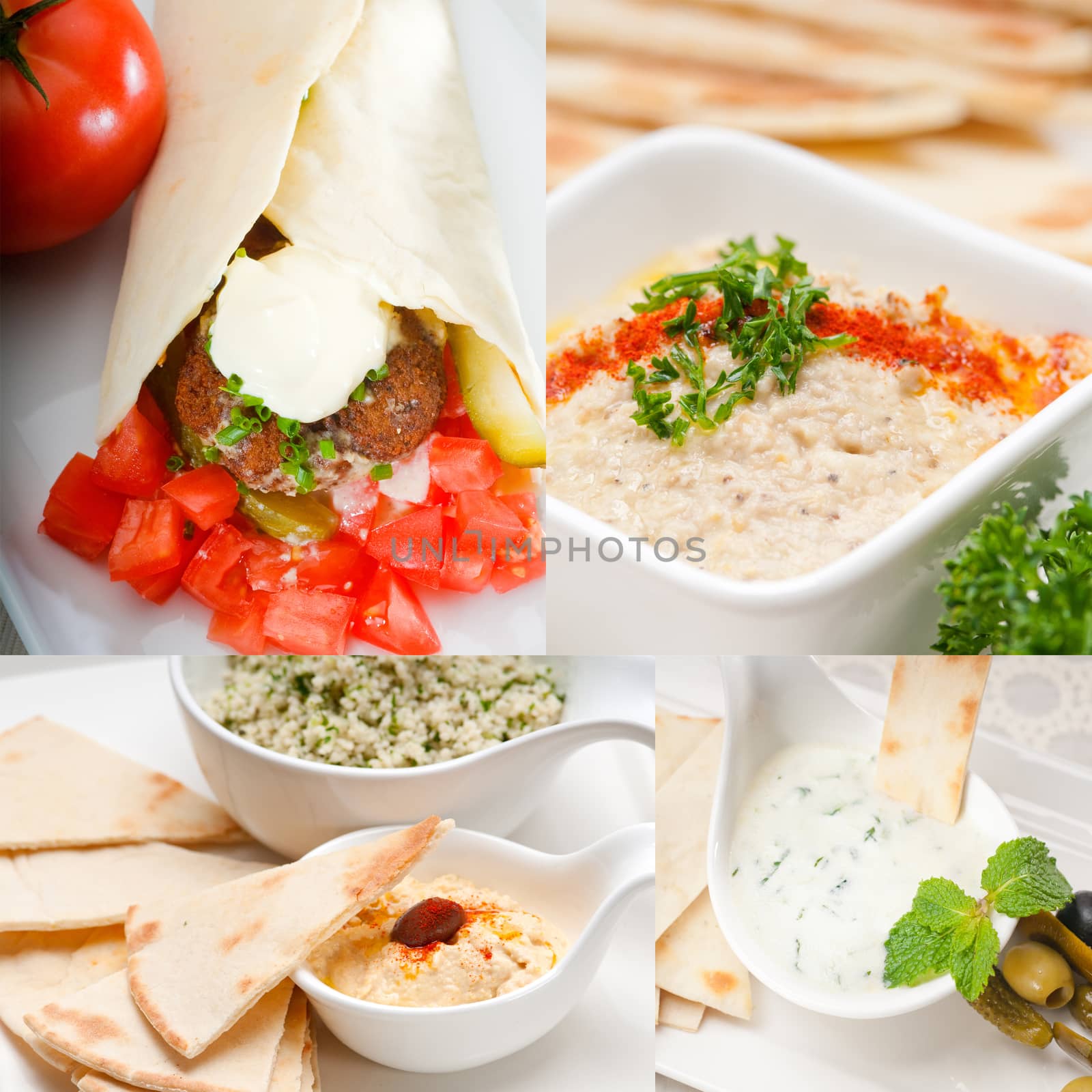 most popular Arab middle east food collection,hummus, falafel,mutabal,pita bread