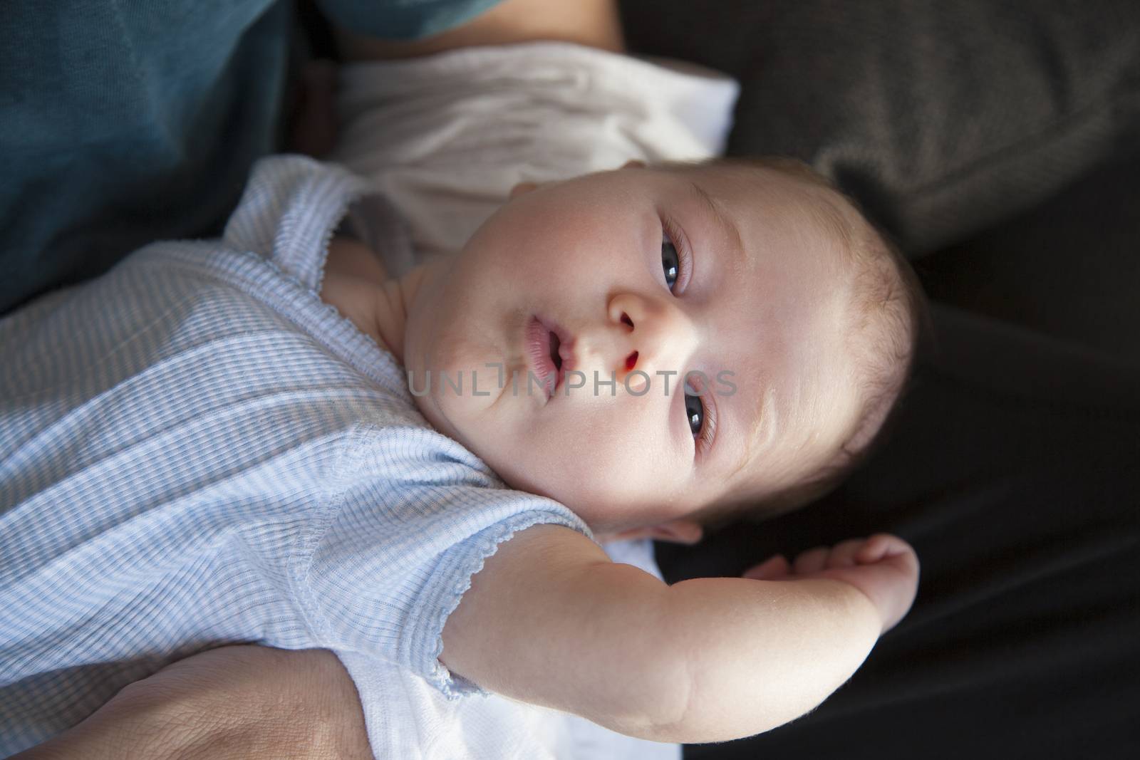 one month age newborn baby face open eyes looking at camera on man father arms