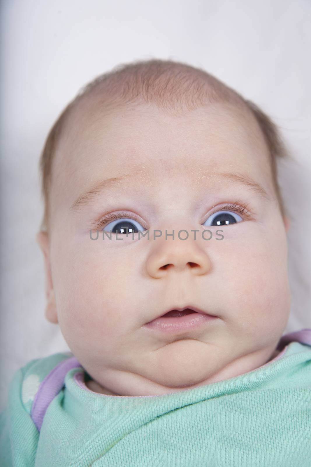 one month age newborn baby face open eyes looking at camera with terror fright face