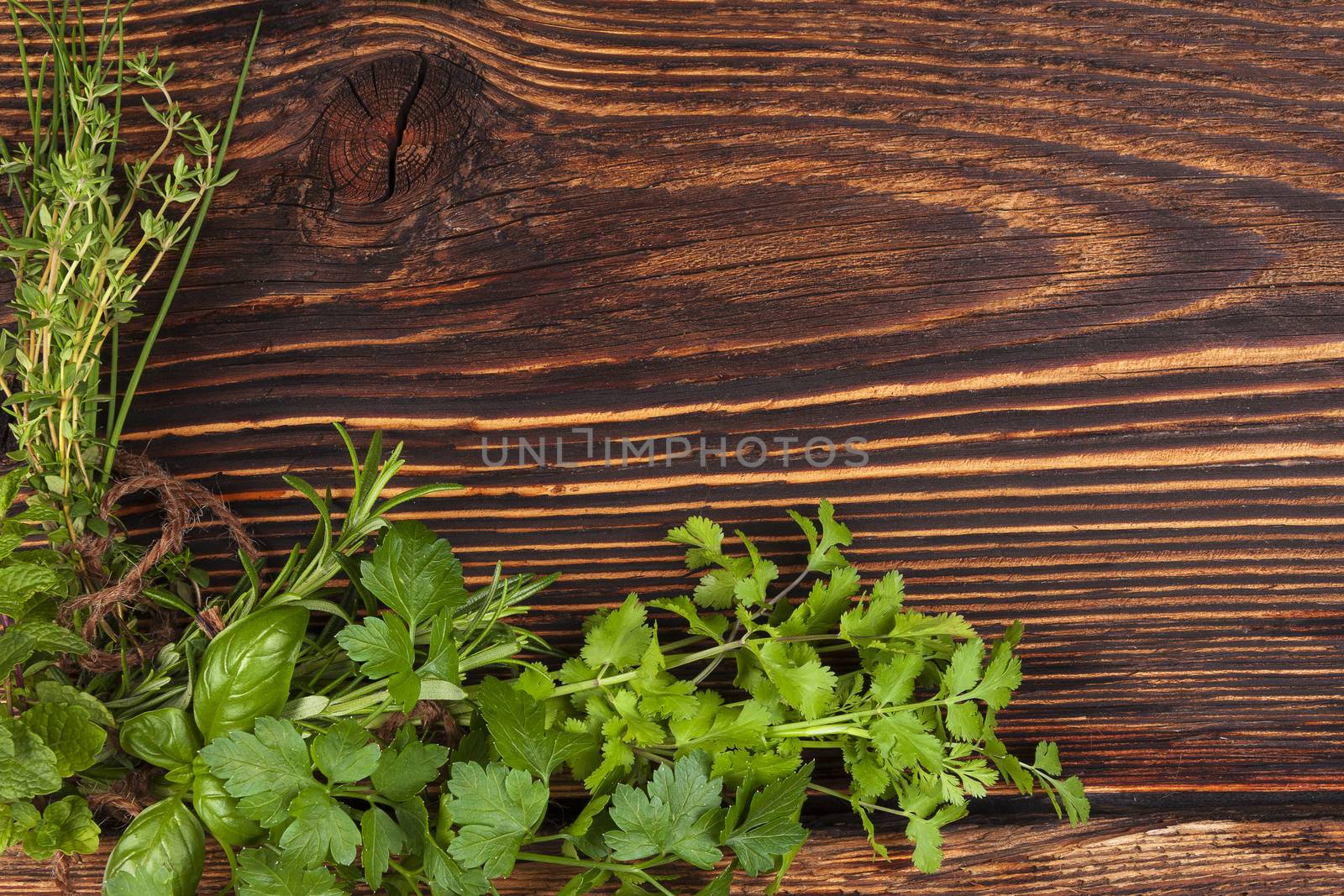 Culinary herbs background with copy space. Fresh basil, cilantro, chive, parsley and mint herbs on brown wooden background with copy space.