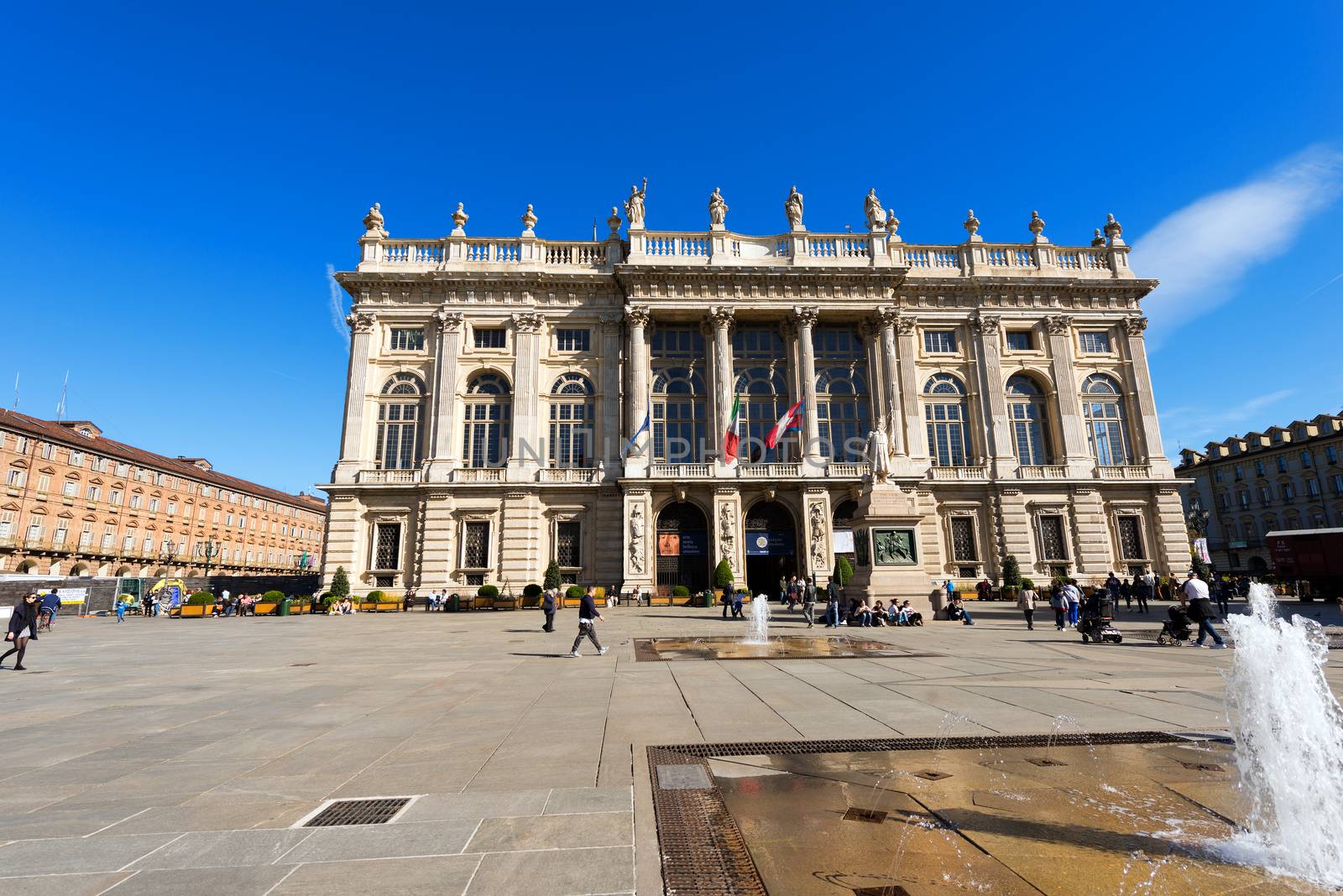 TURIN, ITALY - APRIL 2, 2015: Detail of Palazzo Madama (Madama Palace) 1718 - 1721 in Piazza Castello, Turin (Torino) Piemonte, Italy. UNESCO world heritage site