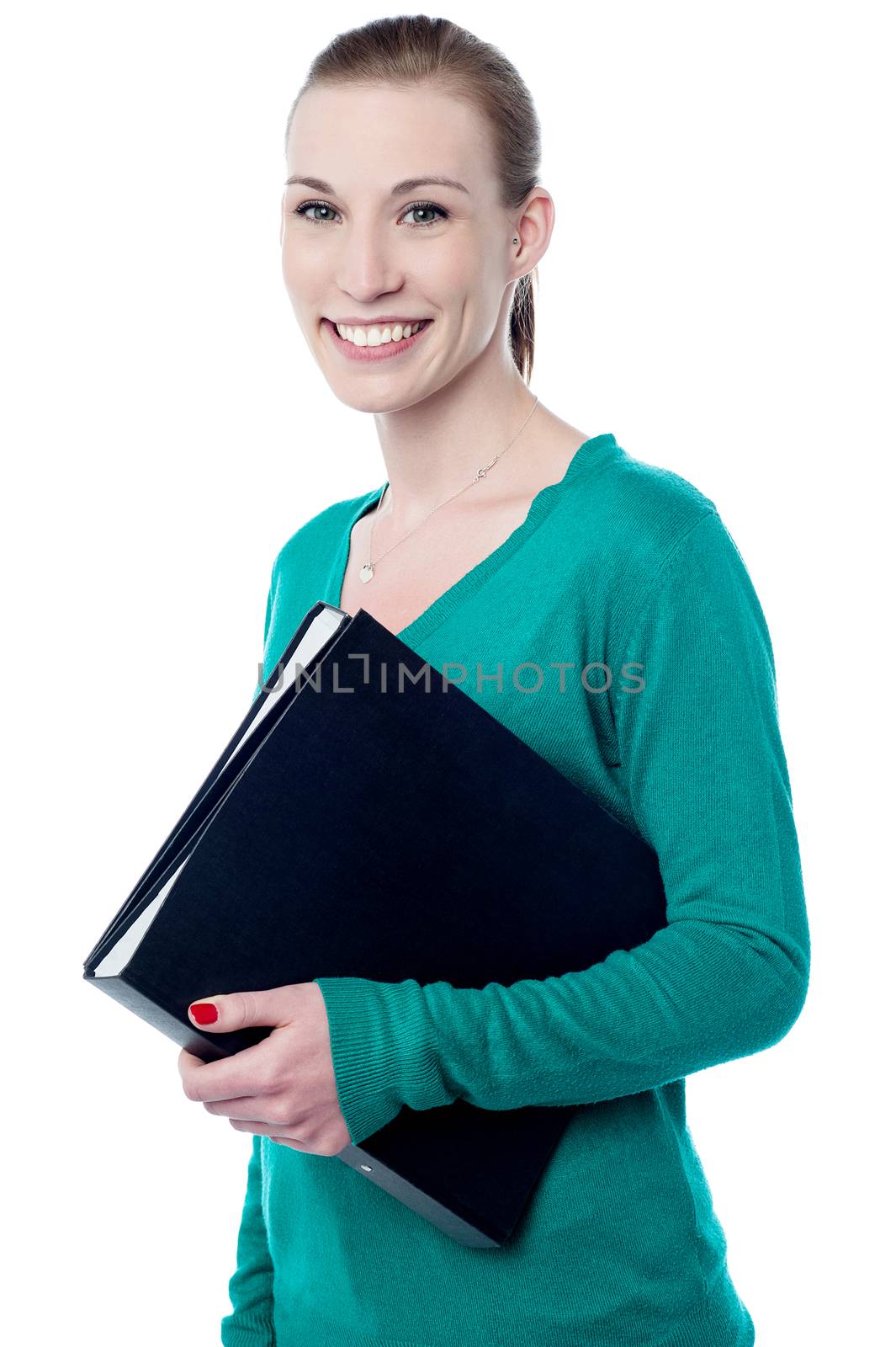 Happy young woman holding black file folder
