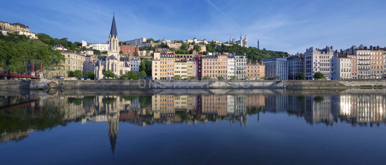 Panoramic view of Saone river in Lyon, France