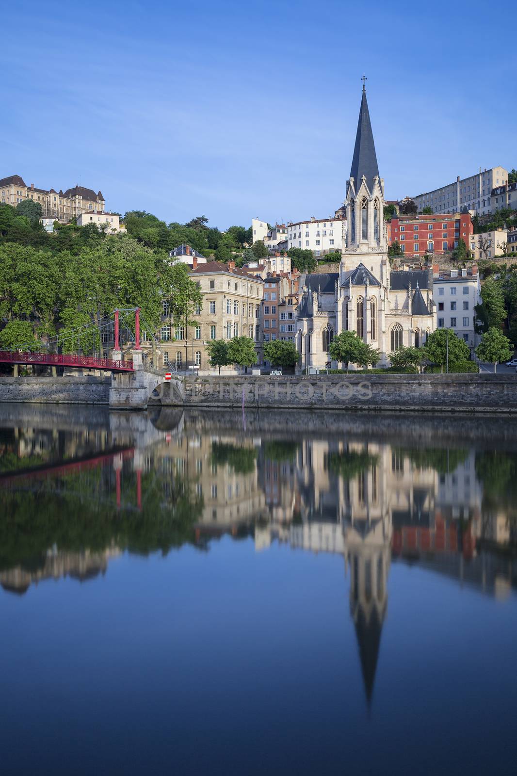 Vertical view of Saint-Georges church and Saone river, Lyon, France