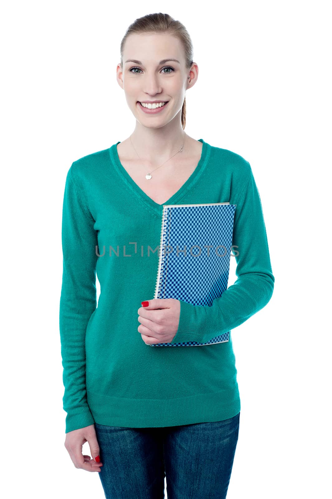 Beautiful collage girl holding spiral notebook