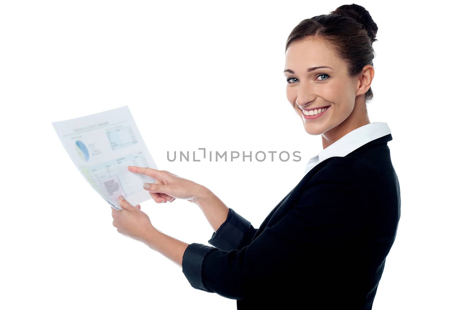 Happy business woman showing business report