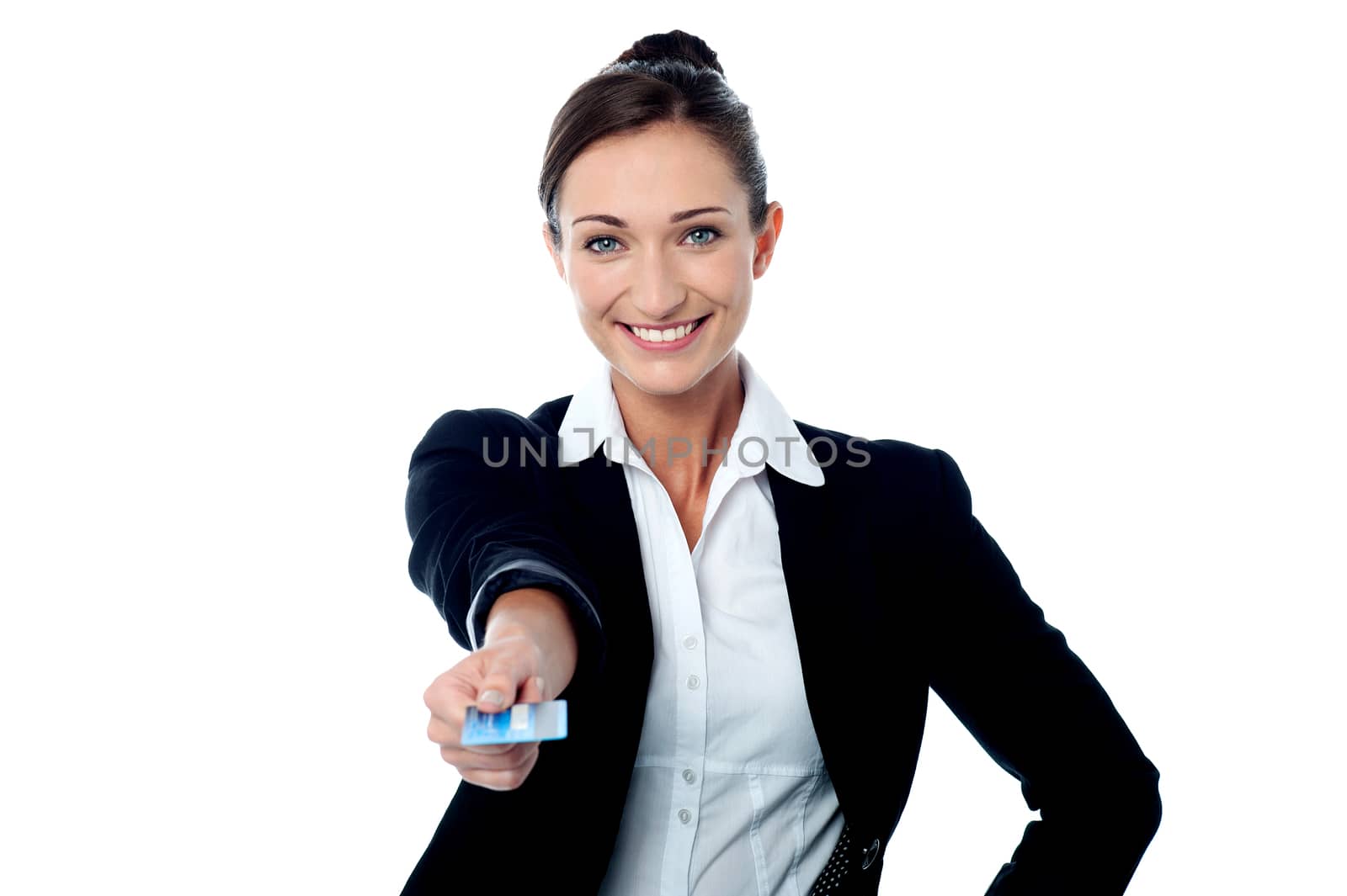 Smiling corporate woman offering her credit card