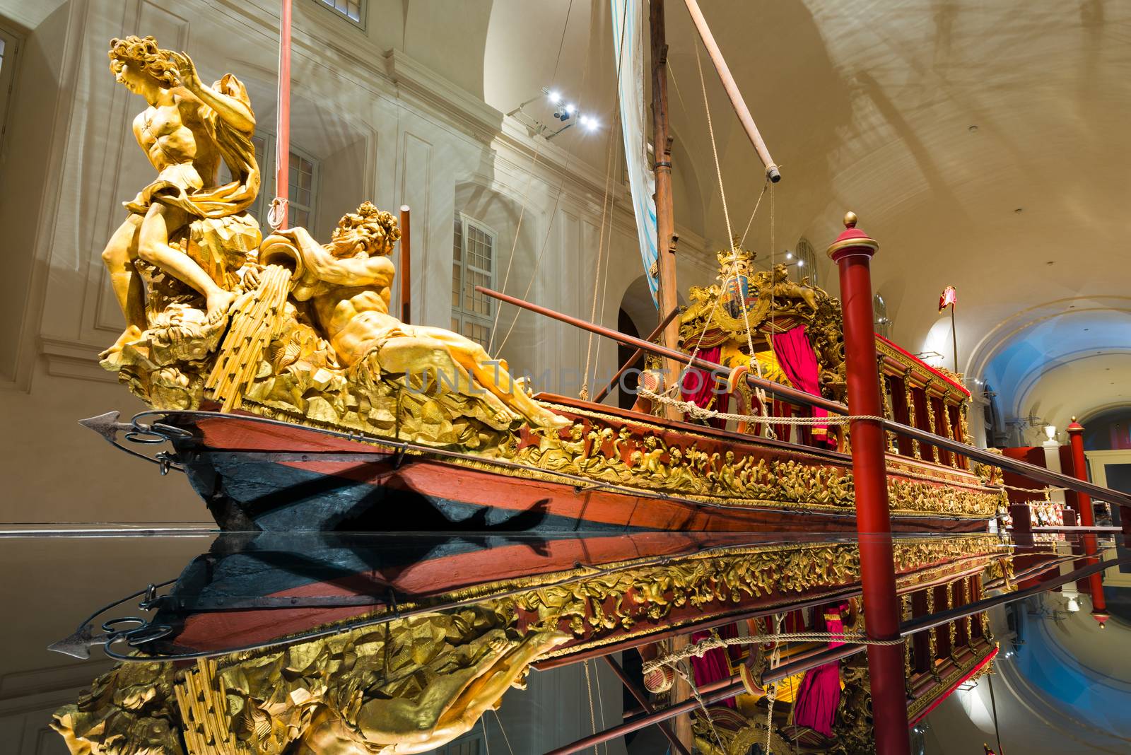 TURIN, ITALY - APRIL 4, 2015: the Bucentaur (Bucintoro), ancient Venetian galley, created in Venice by Vittorio Amedeo II between 1729 and 1731. Exposed in the Venaria Reale in Turin, Piedmont, Italy.