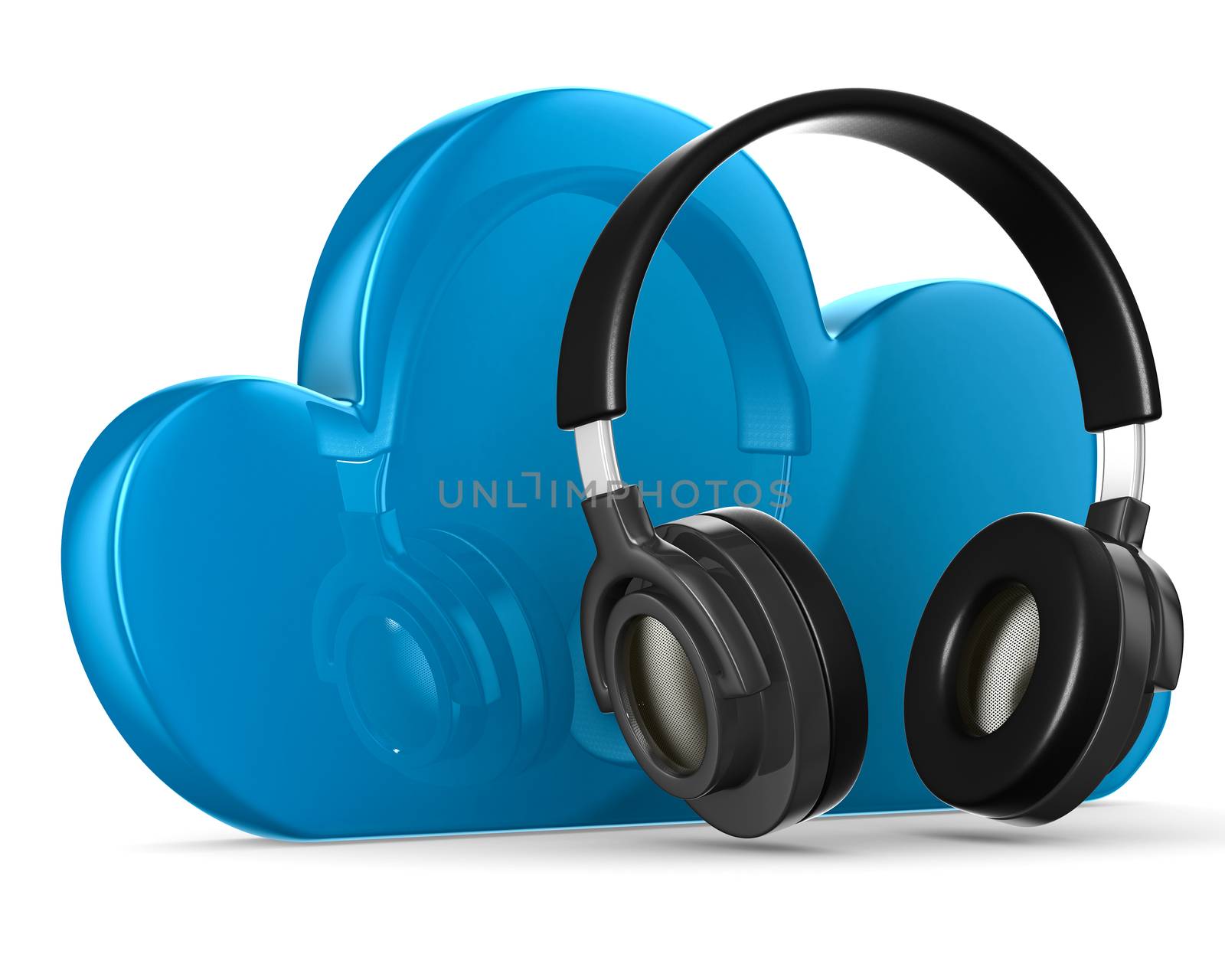 Cloud and headphone on white background. Isolated 3D image