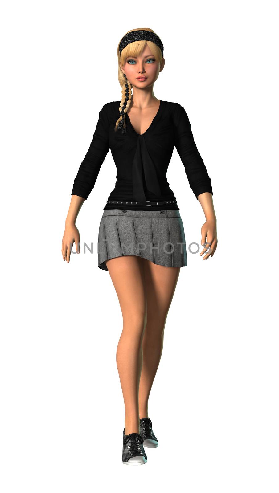 3D digital render of a pretty teenager girl walking isolated on white background