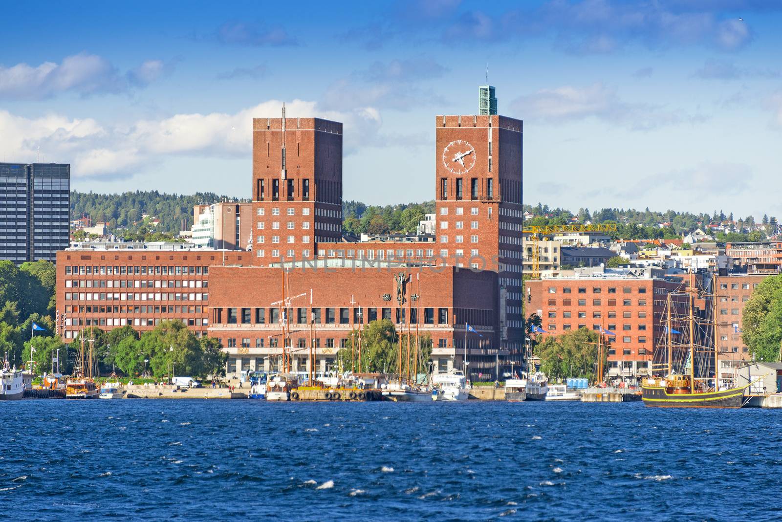 View of Oslo Radhuset (town hall) from the sea, Oslo, Norway