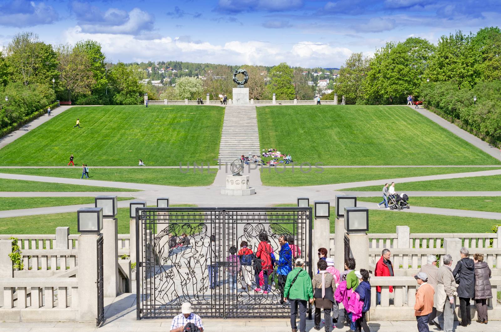 OSLO - MAY 18: Statues in Vigeland park in Oslo, Norway on May 18, 2012. The park covers 80 acres and features 212 bronze and granite sculptures created by Gustav Vigeland.