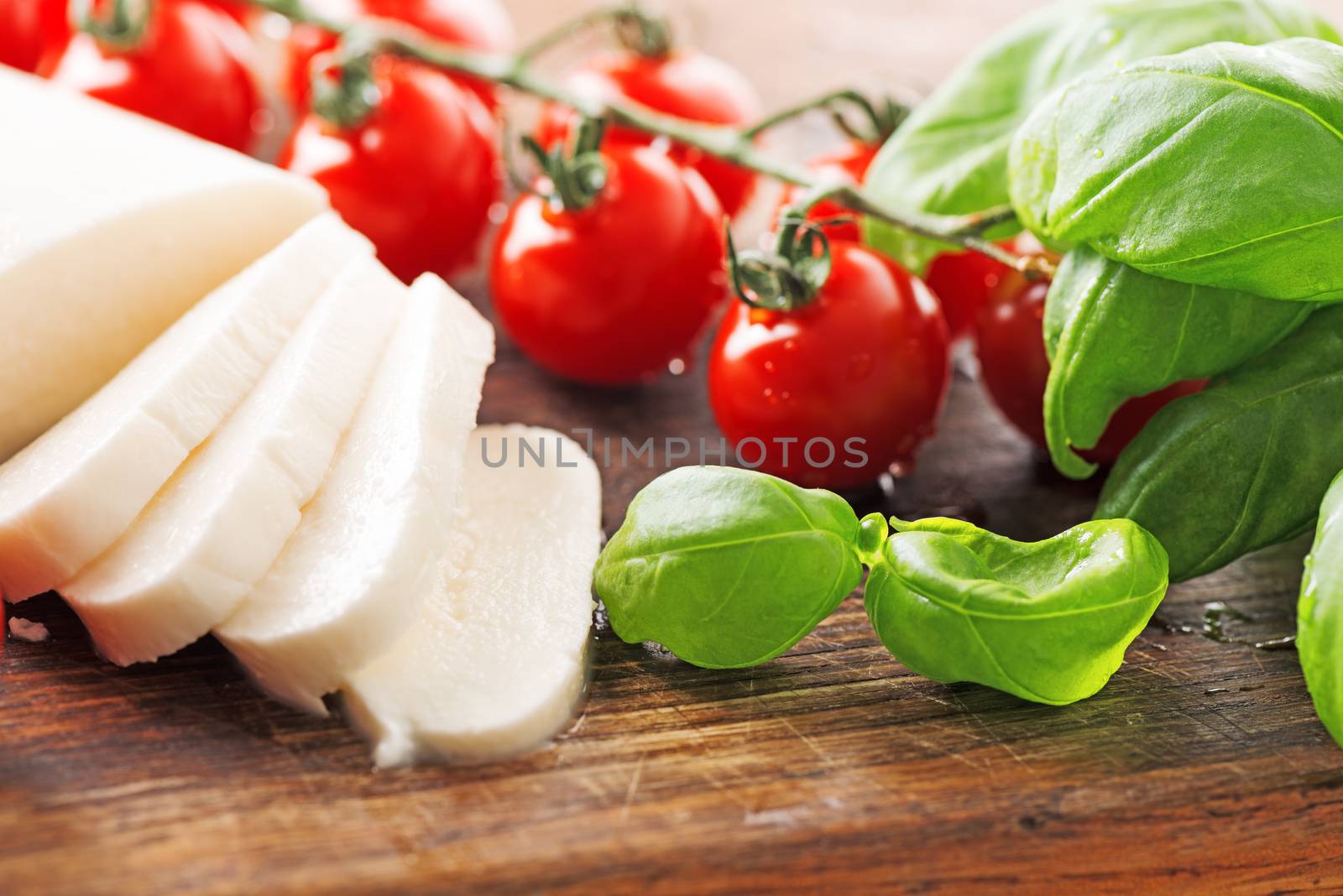 Mozzarella tomato and basil macro by Nanisimova