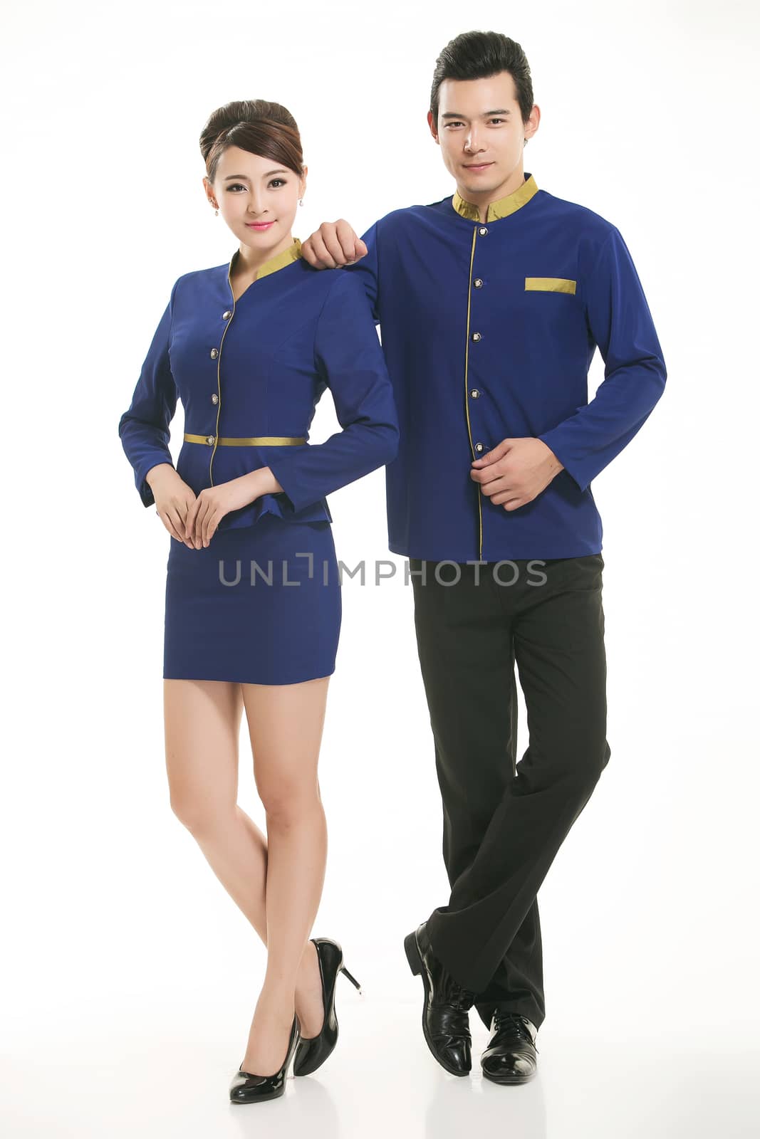 Wear clothing occupation Chinese waiters in white background