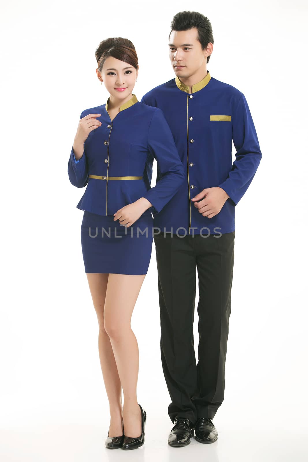 Wear clothing occupation Chinese waiters in white background by quweichang