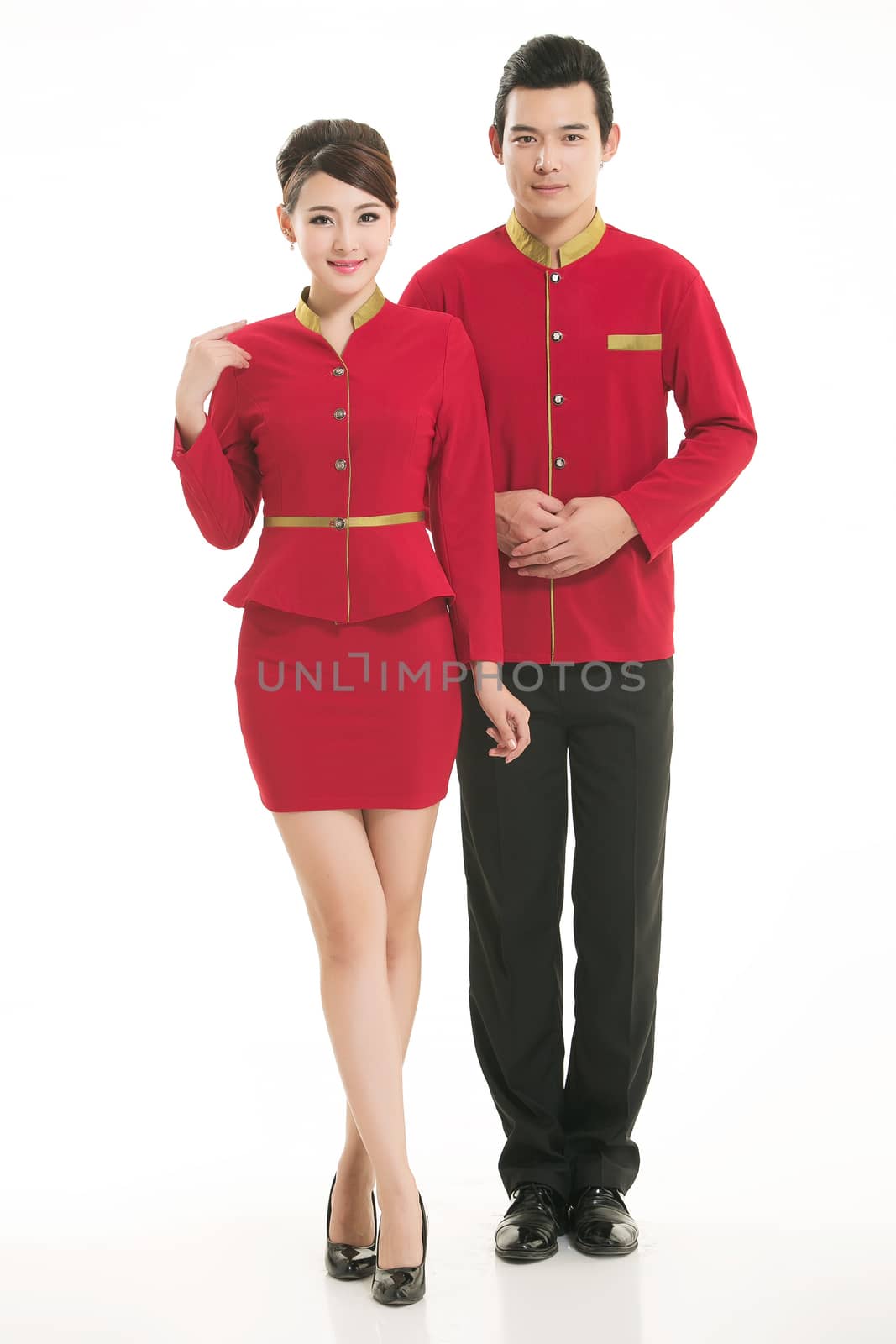 Wear clothing occupation Chinese waiters in white background by quweichang