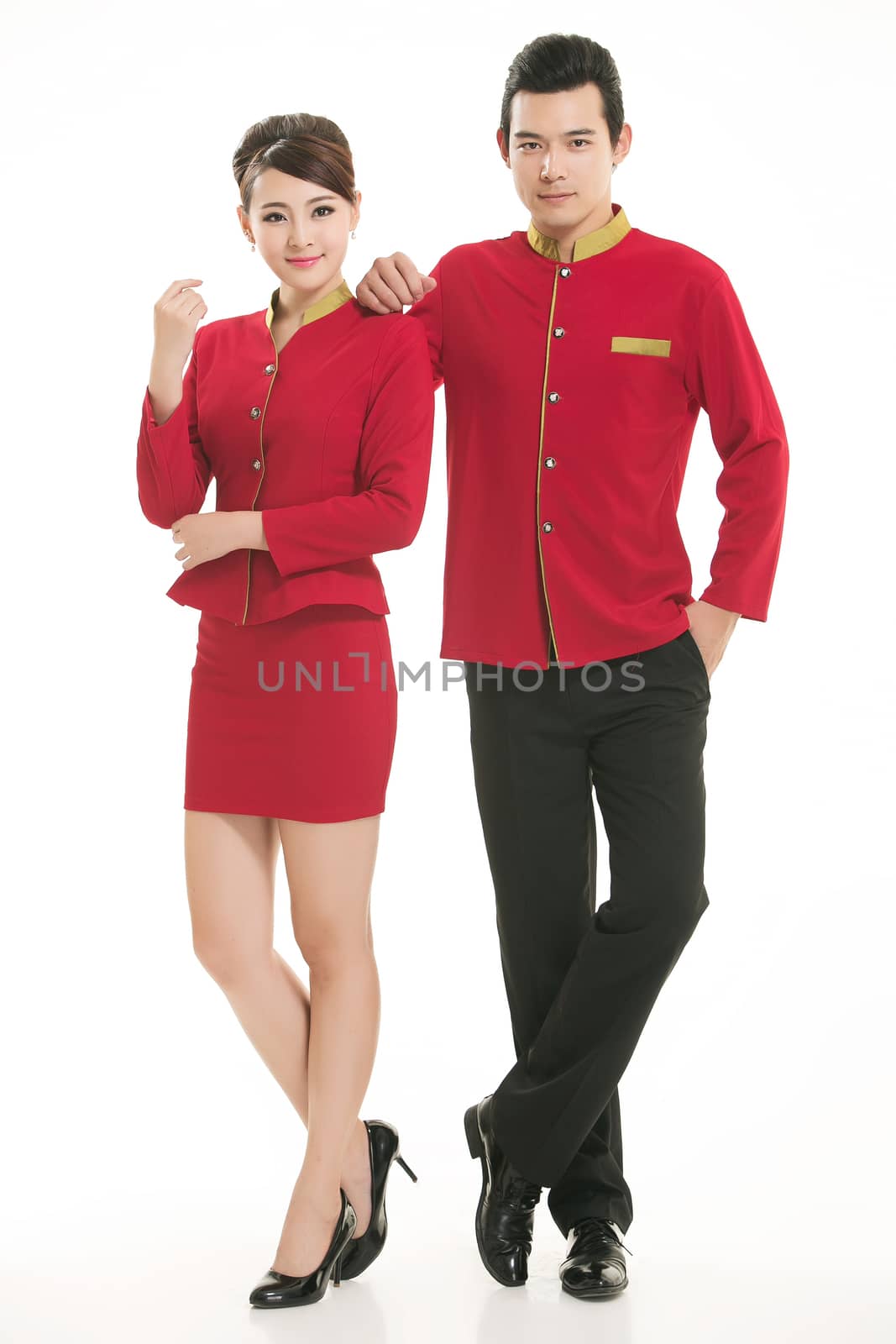 Wear clothing occupation Chinese waiters in white background