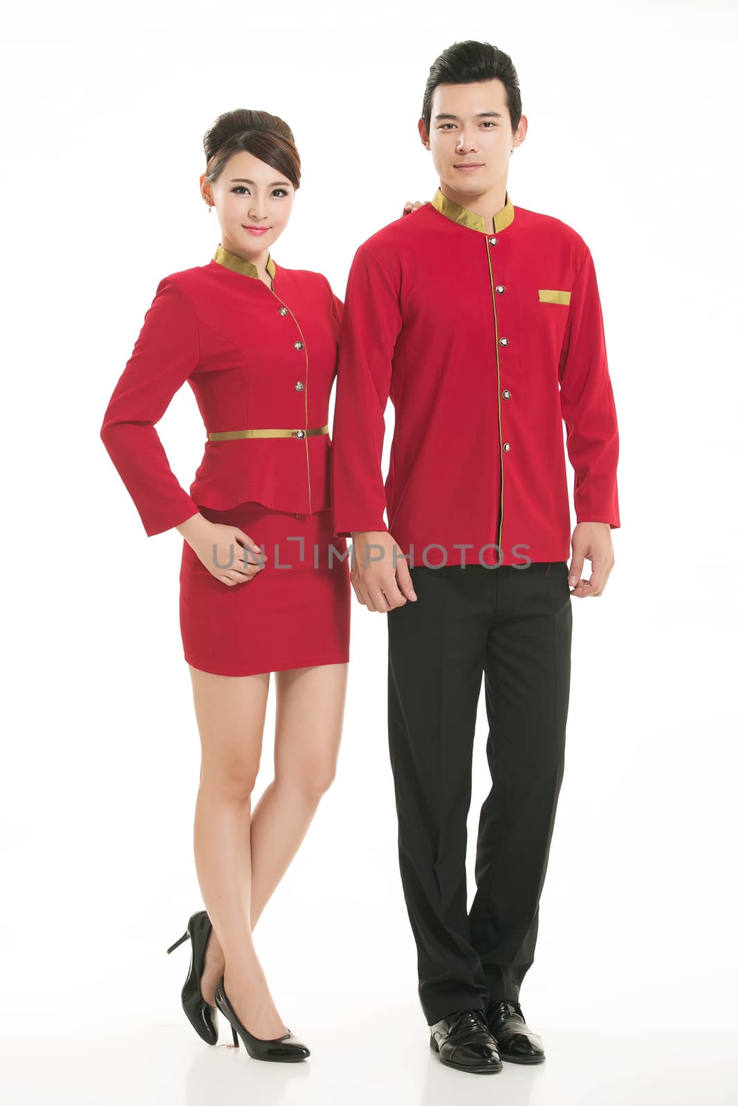 Wear clothing occupation Chinese waiters in white background