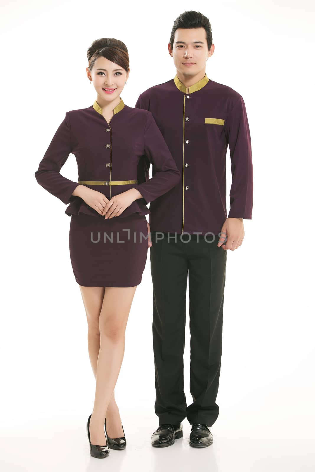 Wear clothing occupation Chinese waiters in white background