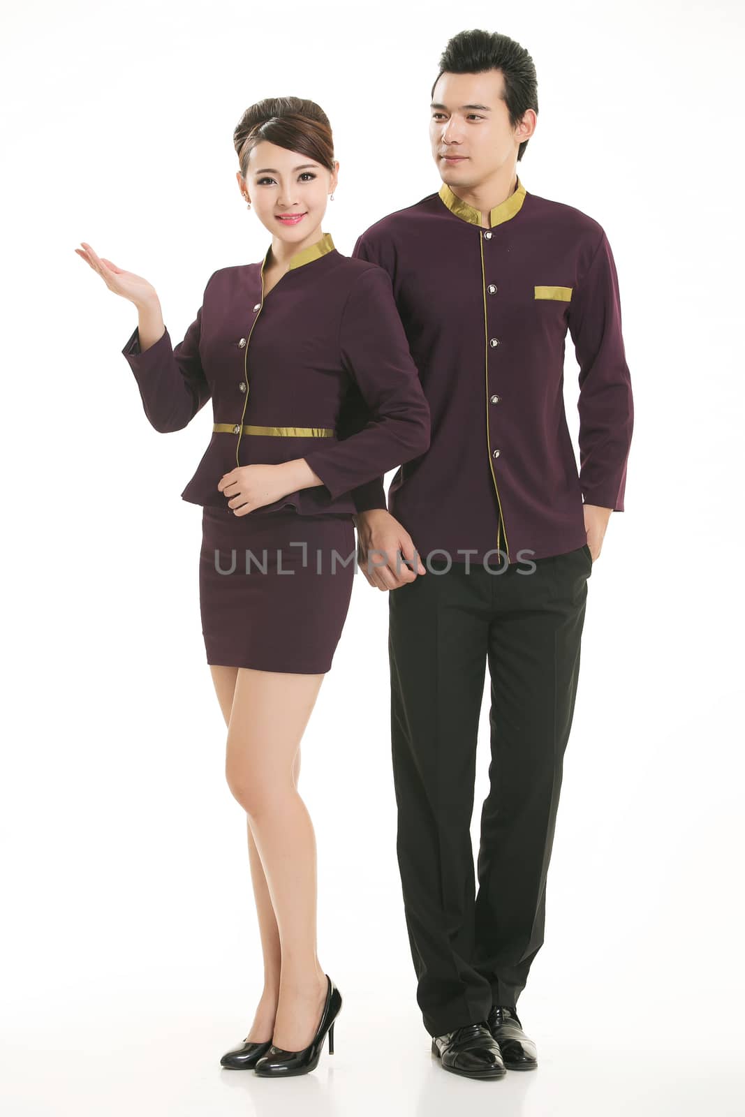 Wear clothing occupation Chinese waiters in white background by quweichang