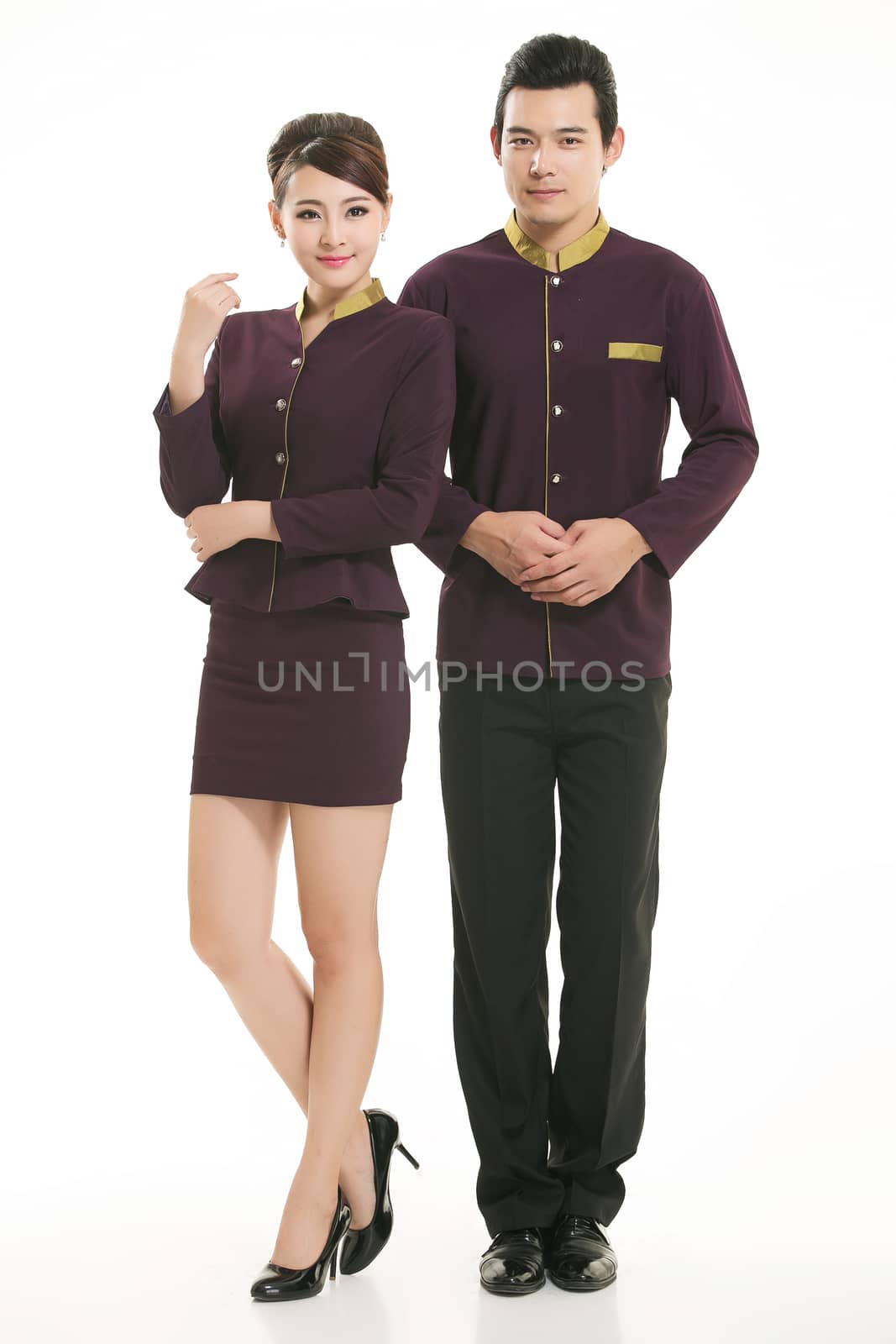 Wear clothing occupation Chinese waiters in white background by quweichang