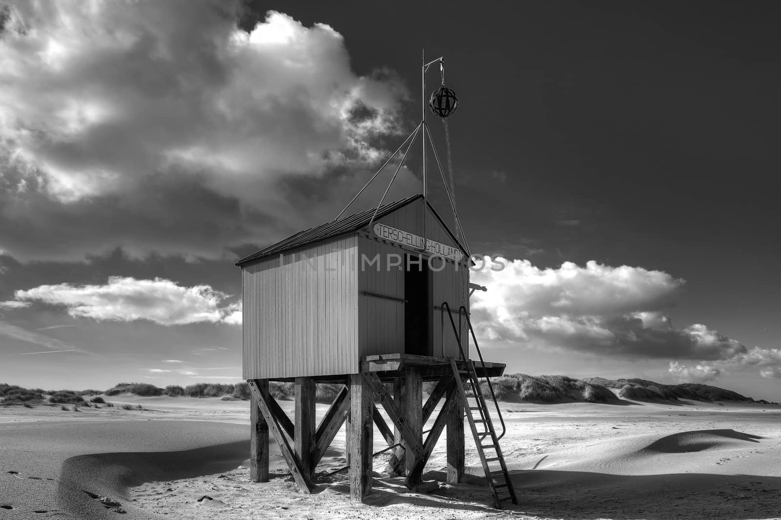 Beach hut on the island of Terschelling in the Netherlands. Authentic wooden beach hut, for shelter, on the island of Terschelling in the Netherlands.