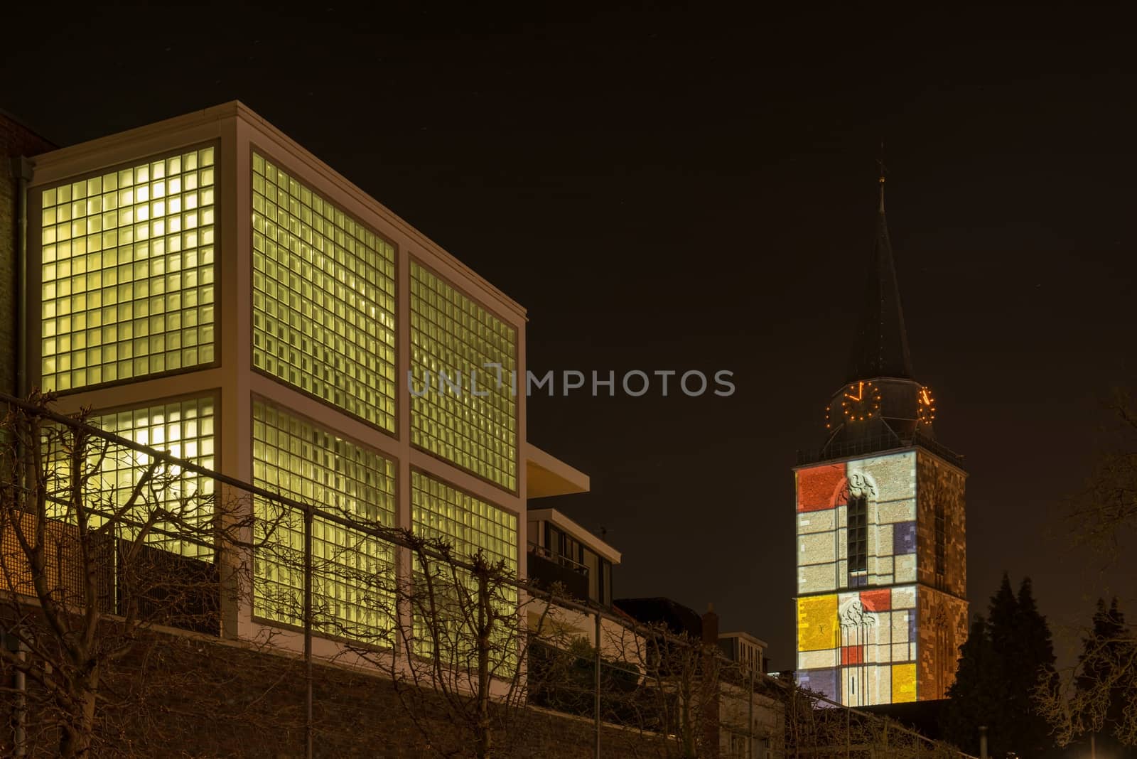 Jacobs church in Winterswijk in the Netherlands in special famous artist "Piet Mondriaan" lighting in the early spring of 2014 because of his 142th birthday
The world famous painter Piet Mondriaan was a resident of Winterswijk in his early years as an artist.
Winterswijk, Gelderland, Netherlands