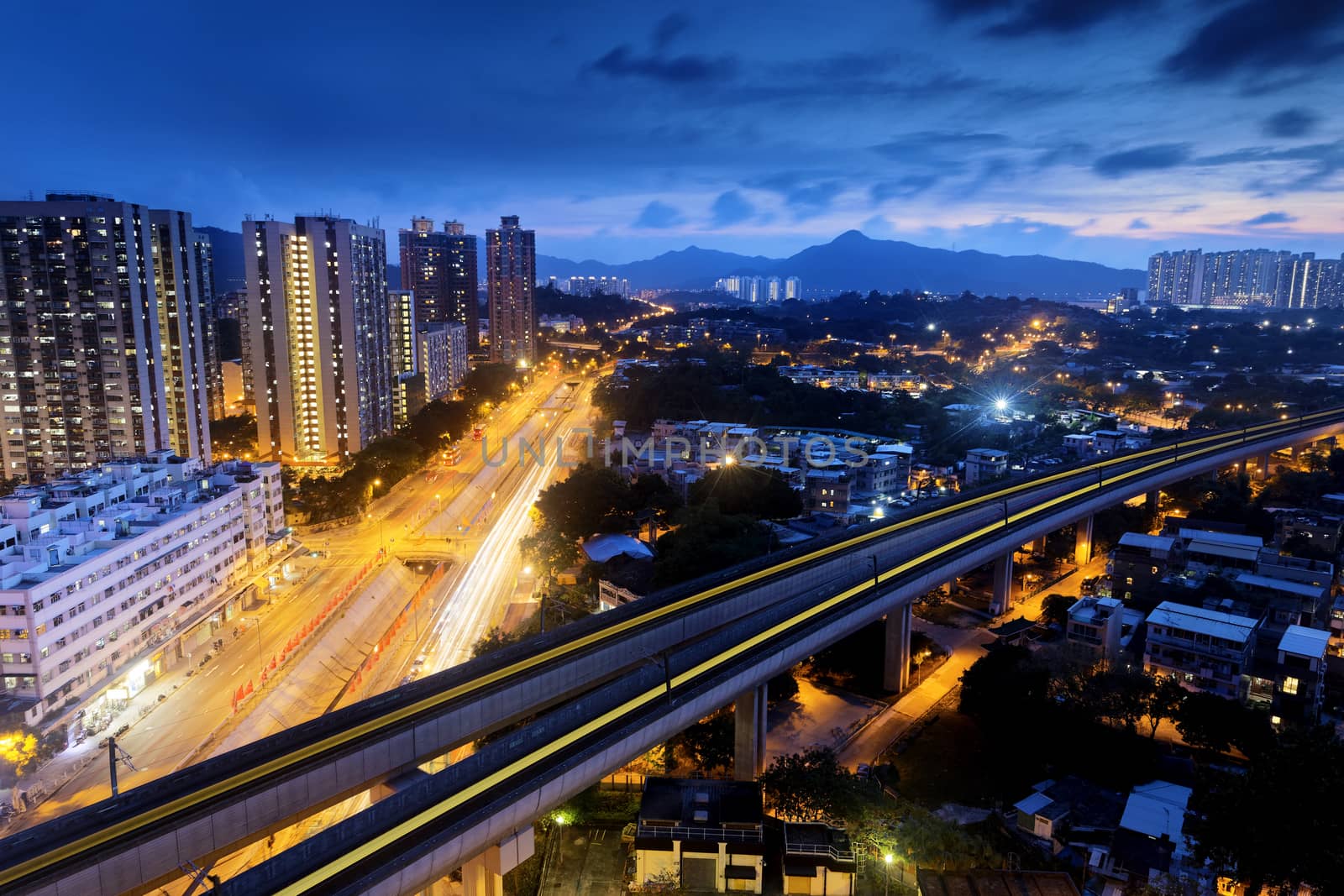 Long Ping, hong kong urban downtown and high speed train at night