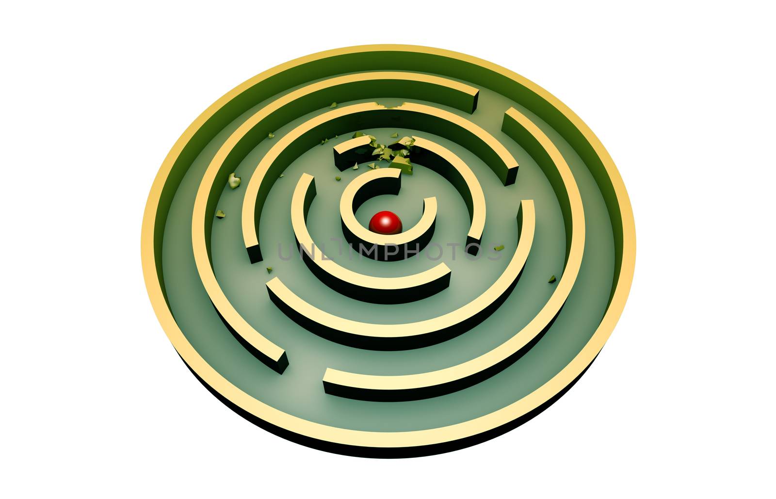 The red ball in the middle of a round turquoise maze.
3d image (isolated white background).