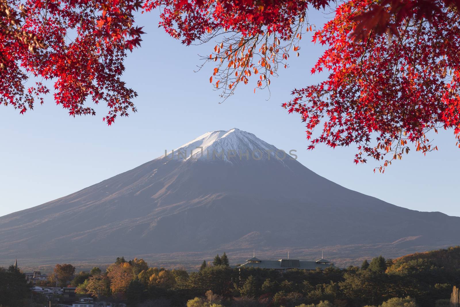 This photo was shot from the area around Mt.Fuji in Autumn. It is time to start snow cap on the top of Mt.Fuji and maple leaves change to autumn color. There are 5 lakes around Mt.Fuji.